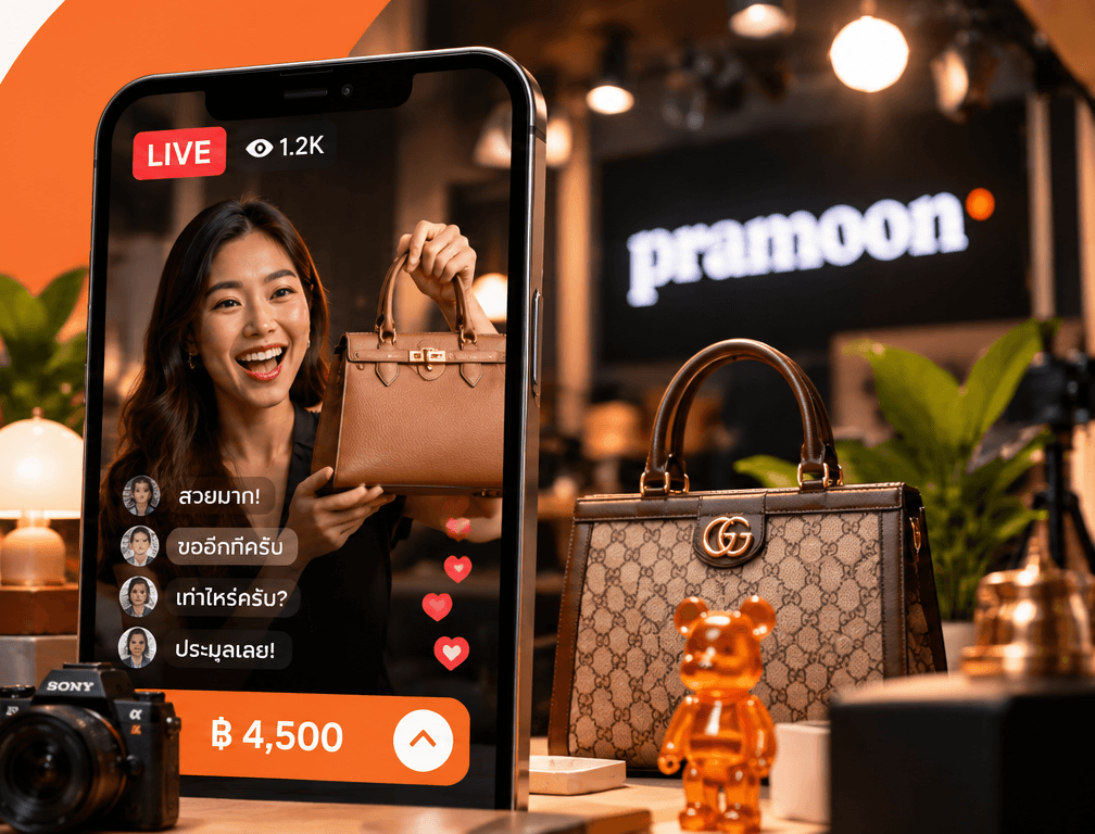 ไลฟ์ประมูลบน Pramoon ในมือถือ ผู้ขายกำลังโชว์กระเป๋าหนังขณะมีคนประมูลเข้ามา ล้อมรอบด้วยนาฬิกา รองเท้าผ้าใบ กล้อง และกระเป๋าแบรนด์เนม